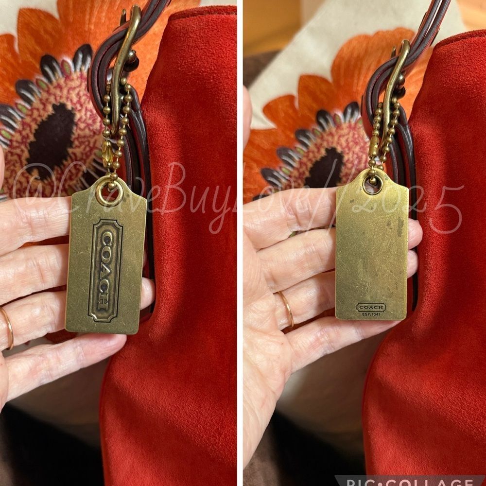 SOLD  DRAWSTRING VERMILLION SUEDE LEATHER BRASS HANGTAG EVC RARE - Picture 12 of 17